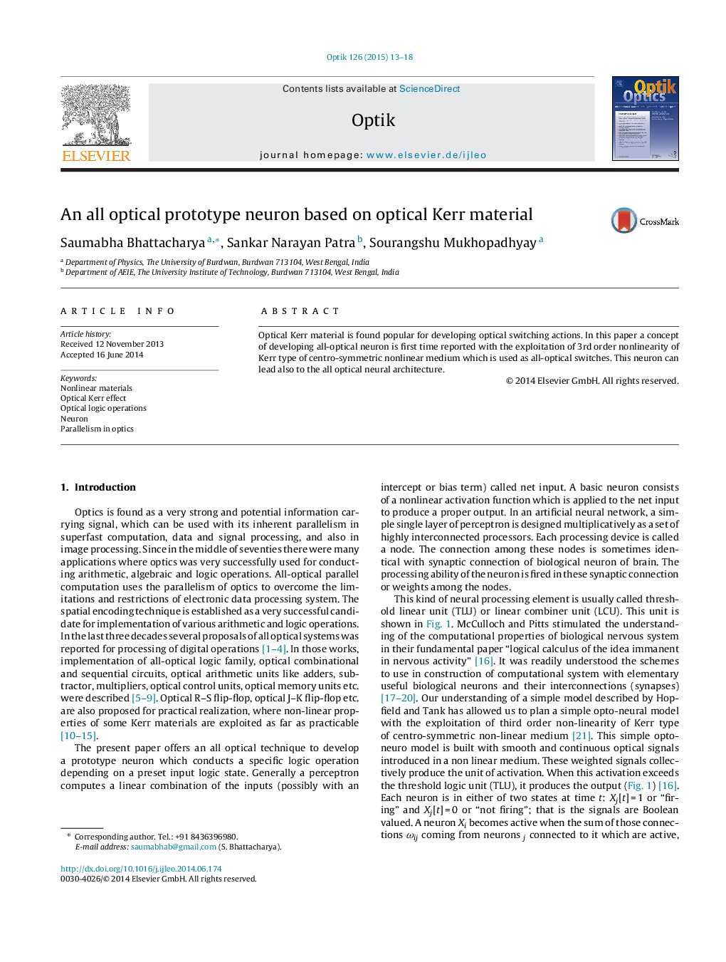 An all optical prototype neuron based on optical Kerr material