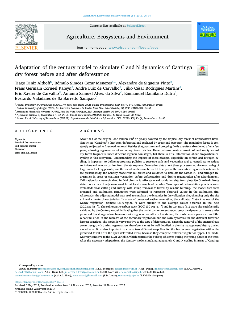 Adaptation of the century model to simulate C and N dynamics of Caatinga dry forest before and after deforestation