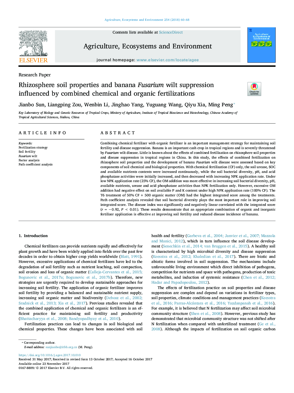 Rhizosphere soil properties and banana Fusarium wilt suppression influenced by combined chemical and organic fertilizations