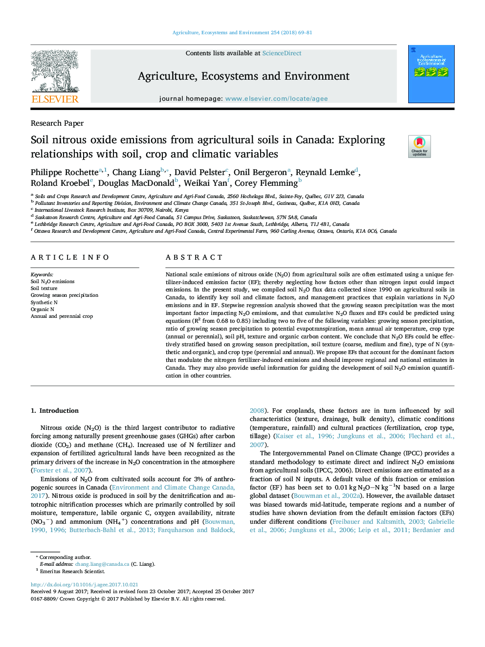 Soil nitrous oxide emissions from agricultural soils in Canada: Exploring relationships with soil, crop and climatic variables