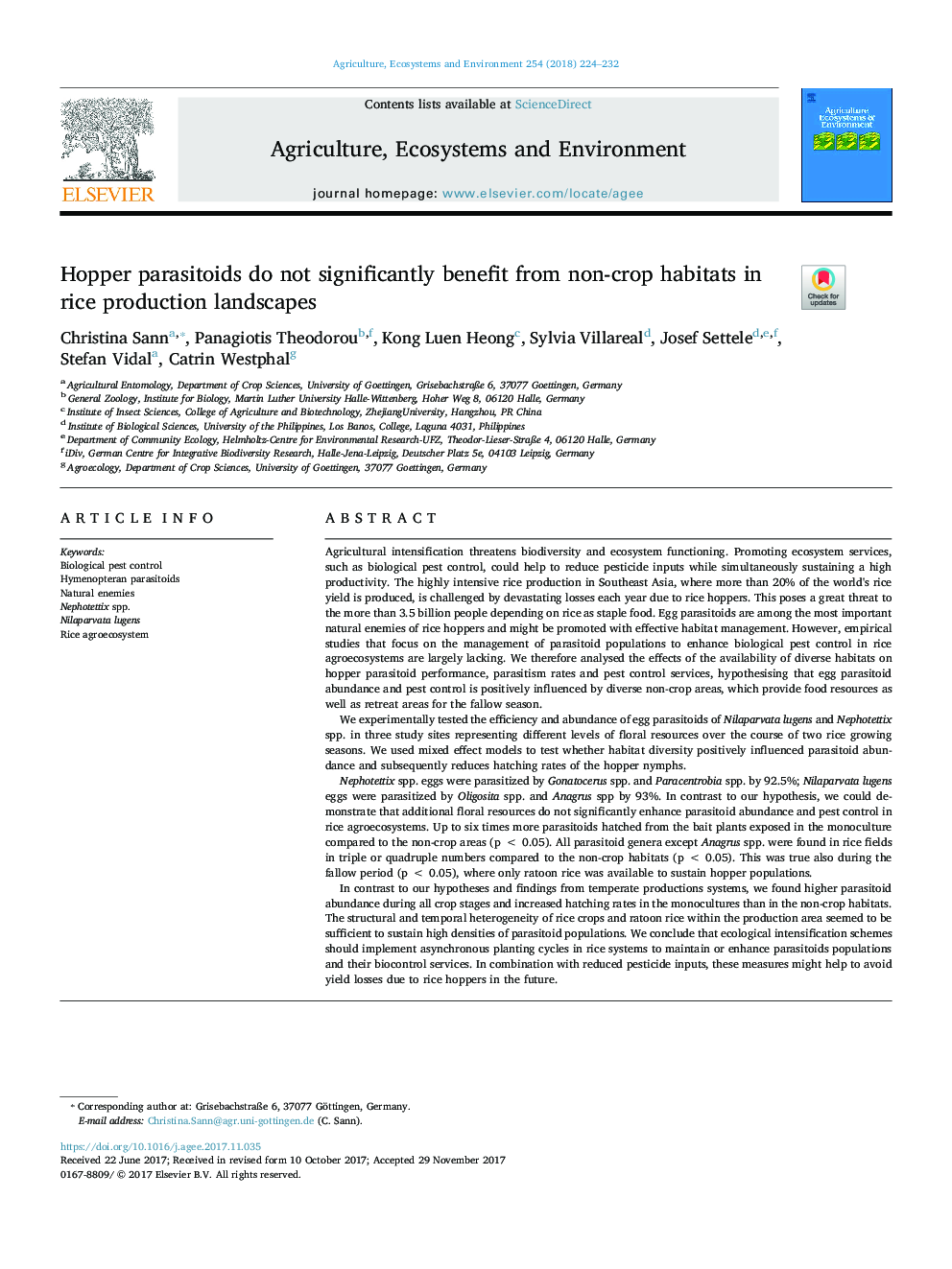 Hopper parasitoids do not significantly benefit from non-crop habitats in rice production landscapes