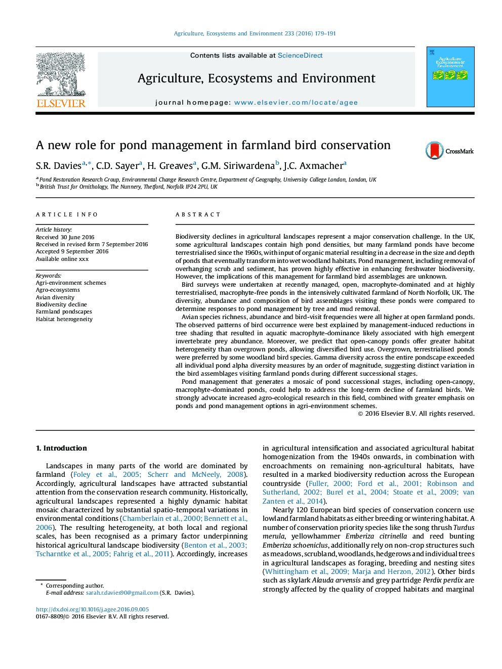 A new role for pond management in farmland bird conservation