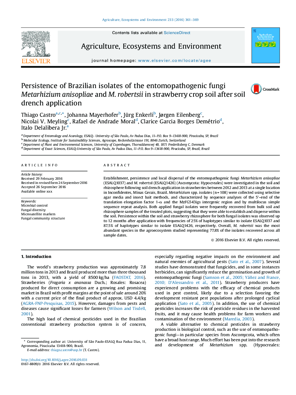 Persistence of Brazilian isolates of the entomopathogenic fungi Metarhizium anisopliae and M. robertsii in strawberry crop soil after soil drench application