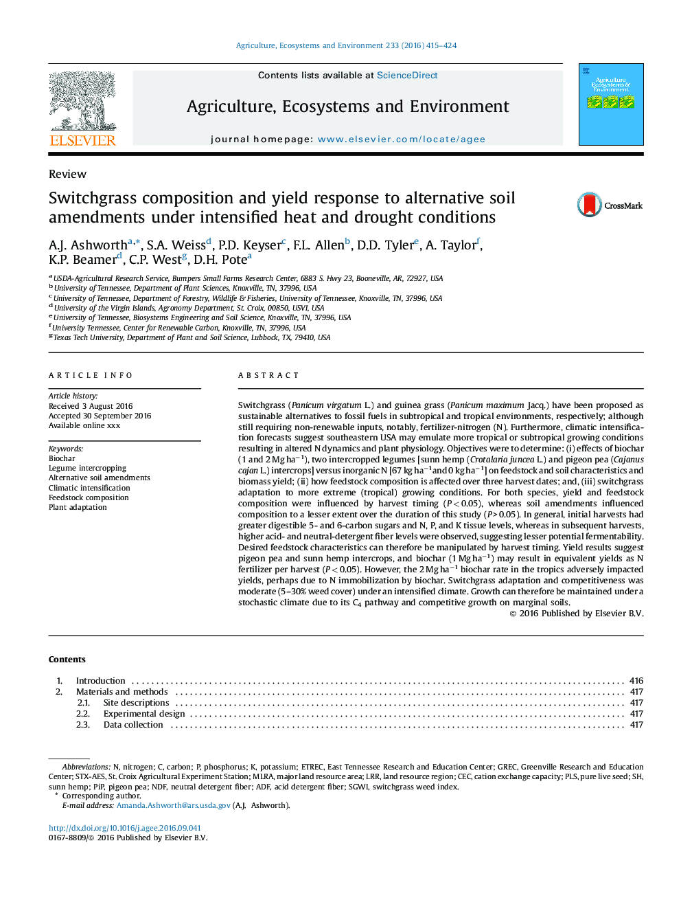 Switchgrass composition and yield response to alternative soil amendments under intensified heat and drought conditions