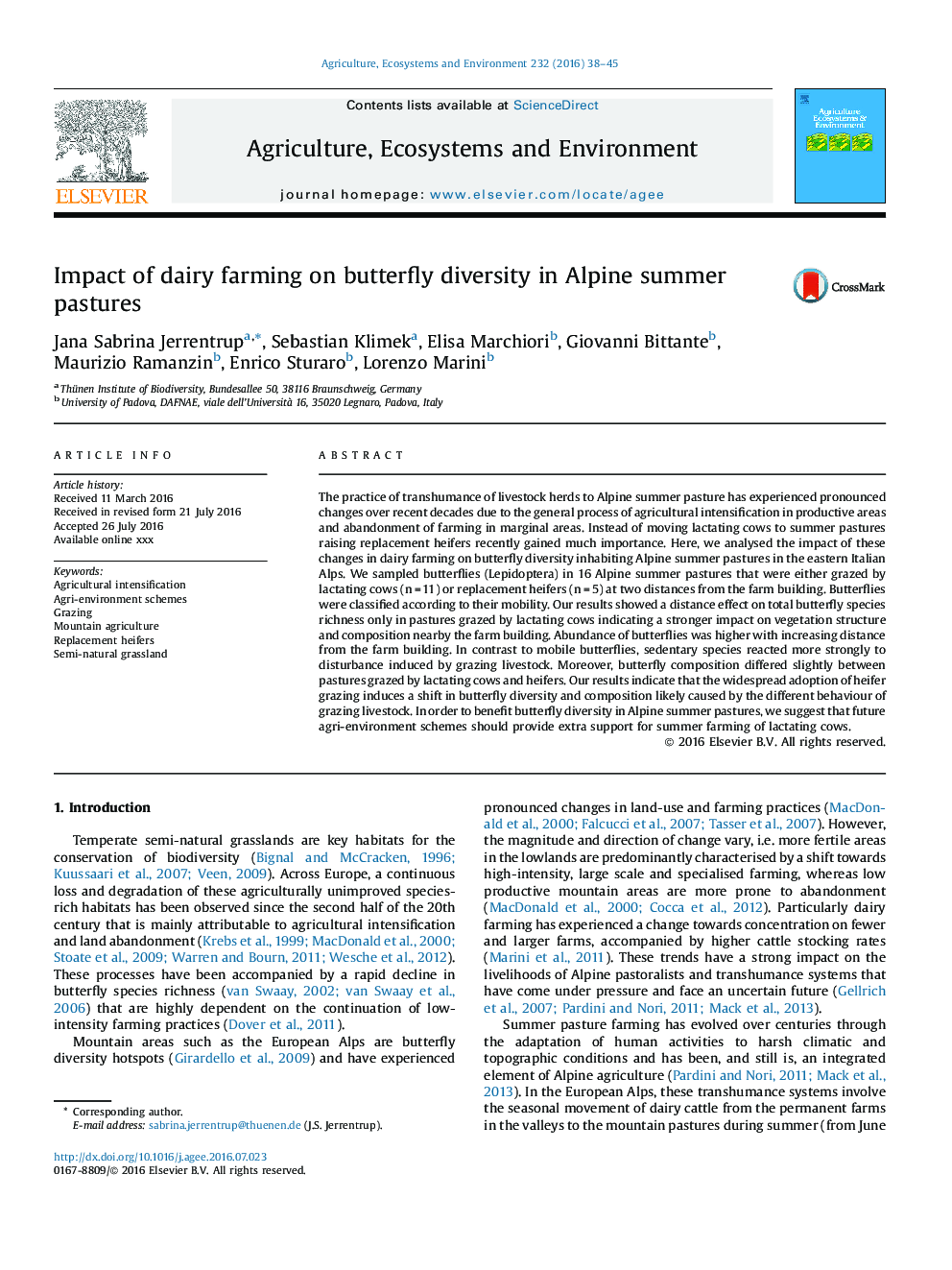 Impact of dairy farming on butterfly diversity in Alpine summer pastures