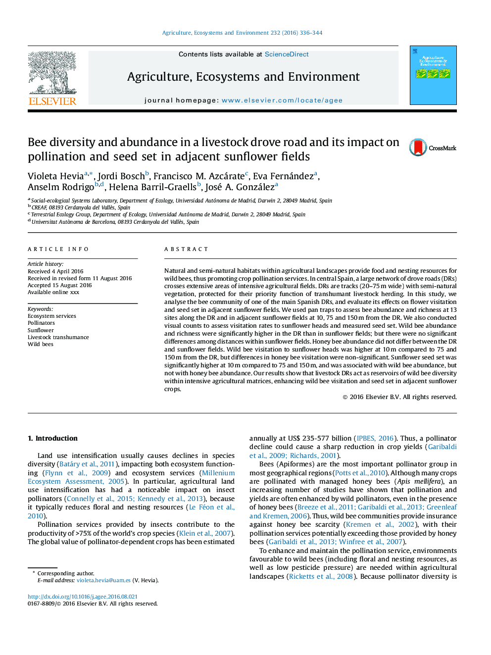 Bee diversity and abundance in a livestock drove road and its impact on pollination and seed set in adjacent sunflower fields