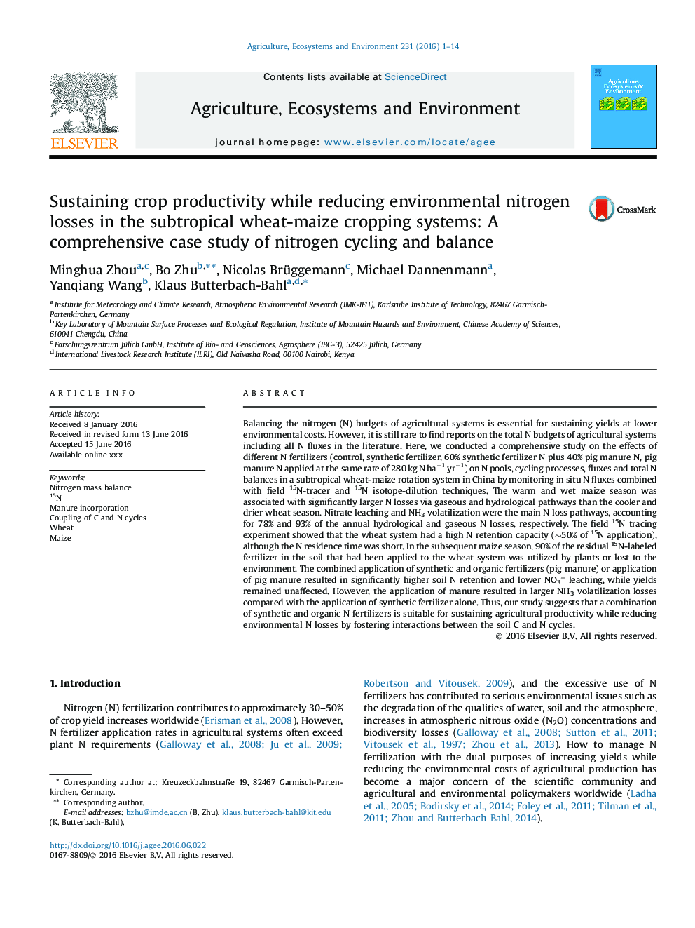 Sustaining crop productivity while reducing environmental nitrogen losses in the subtropical wheat-maize cropping systems: A comprehensive case study of nitrogen cycling and balance