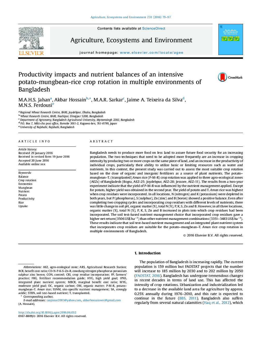 Productivity impacts and nutrient balances of an intensive potato-mungbean-rice crop rotation in multiple environments of Bangladesh