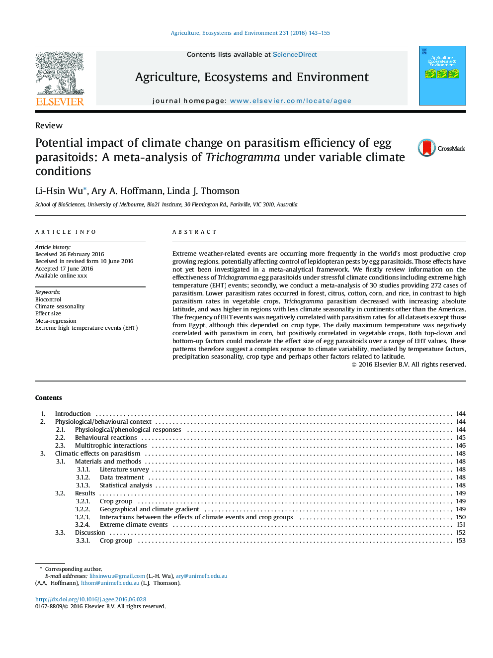 Potential impact of climate change on parasitism efficiency of egg parasitoids: A meta-analysis of Trichogramma under variable climate conditions