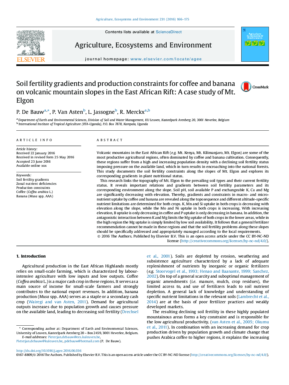 Soil fertility gradients and production constraints for coffee and banana on volcanic mountain slopes in the East African Rift: A case study of Mt. Elgon