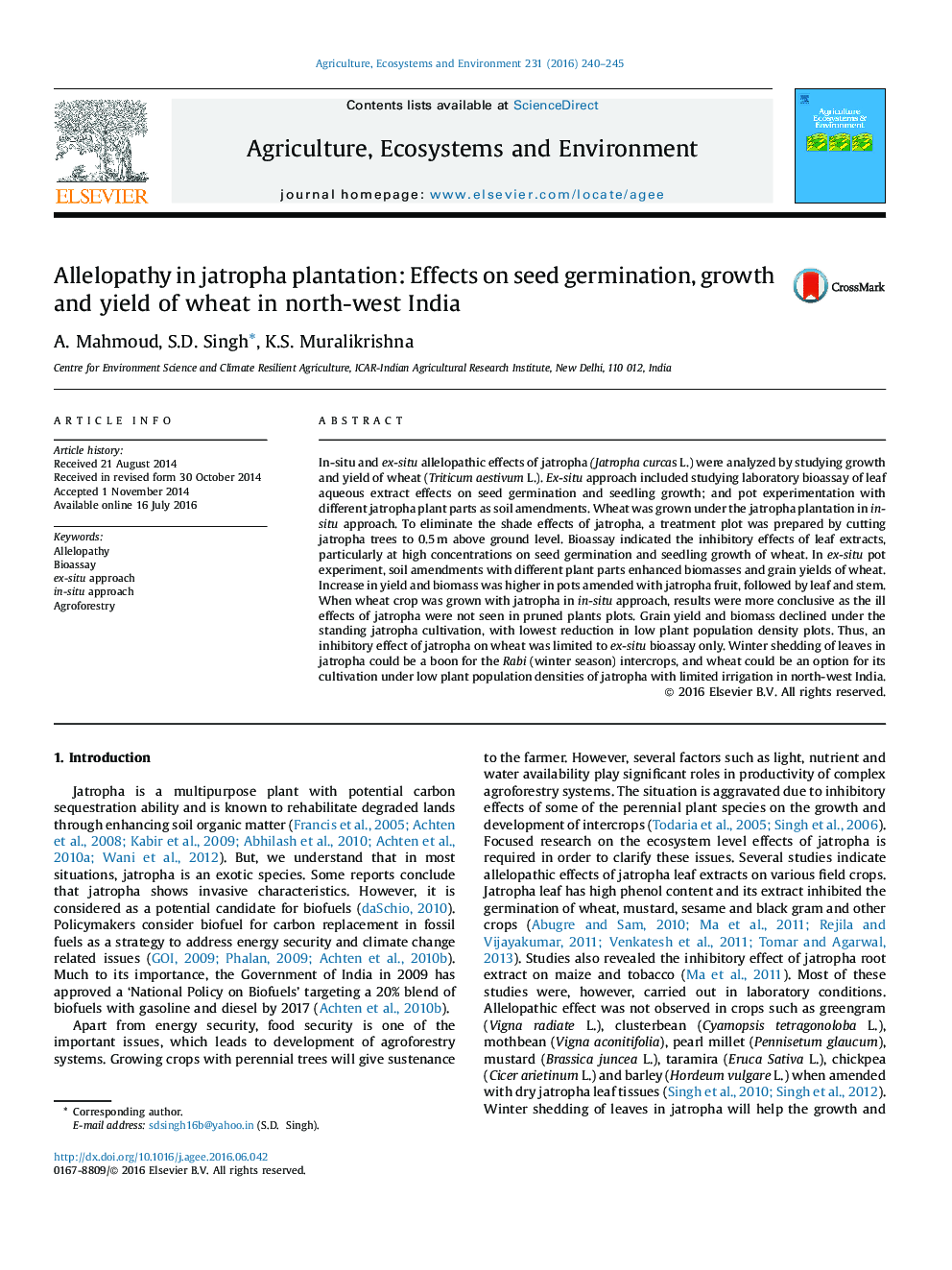 Allelopathy in jatropha plantation: Effects on seed germination, growth and yield of wheat in north-west India