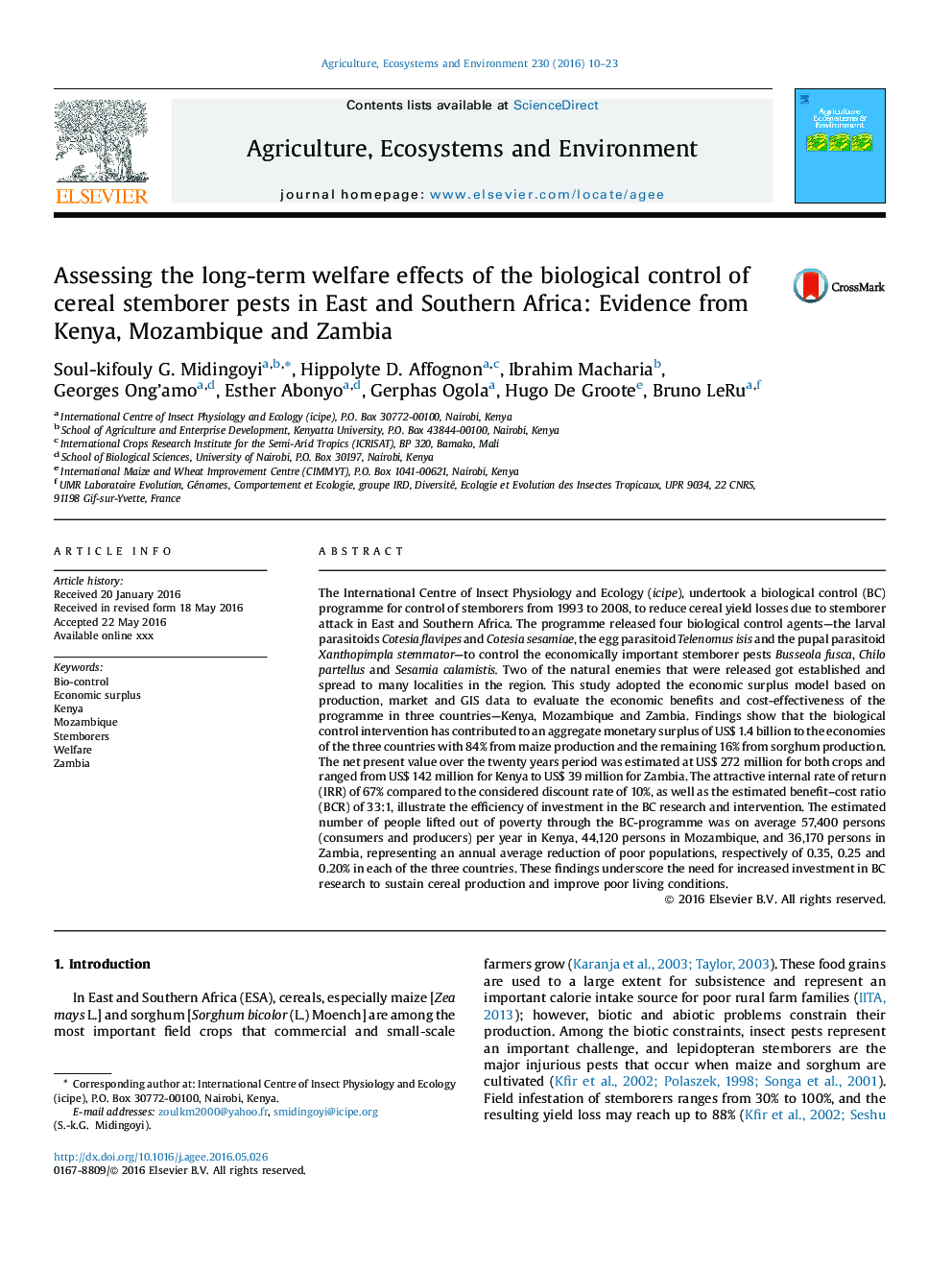 ارزیابی اثرات رفاهی درازمدت کنترل بیولوژیکی آفات ساقه غلات در شرق و جنوب آفریقا: شواهد از کنیا، موزامبیک و زامبیا 