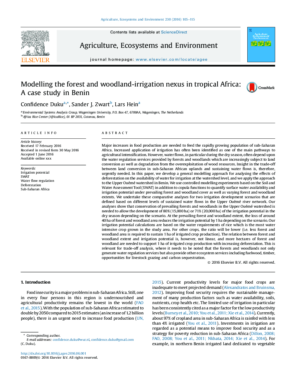 Modelling the forest and woodland-irrigation nexus in tropical Africa: A case study in Benin