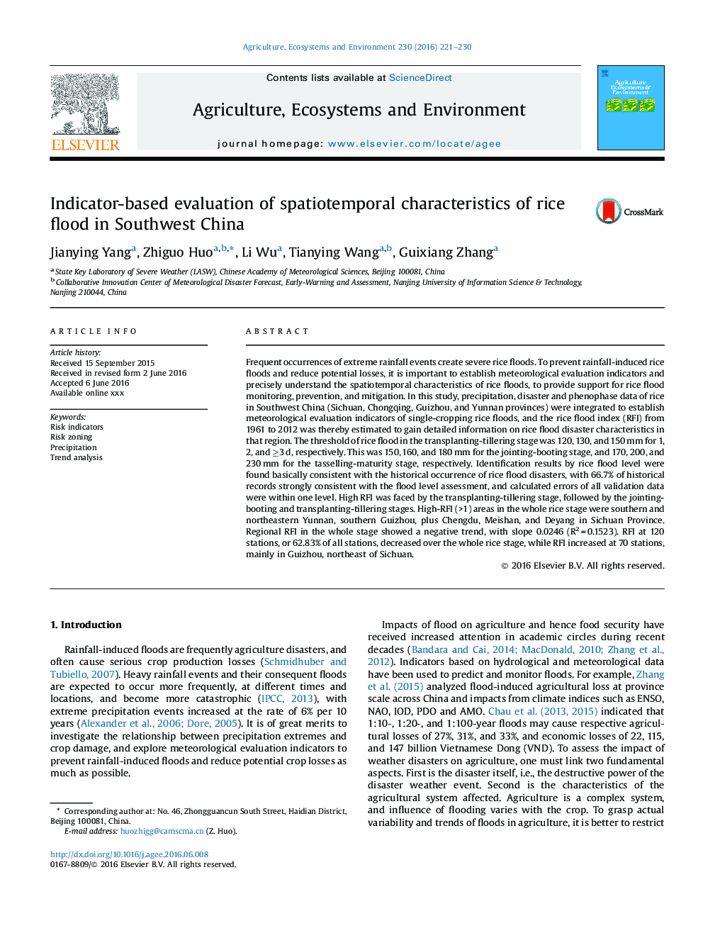 Indicator-based evaluation of spatiotemporal characteristics of rice flood in Southwest China