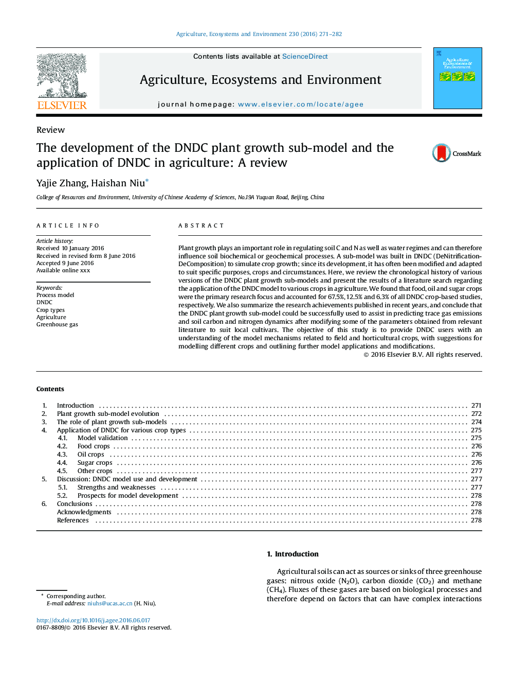 The development of the DNDC plant growth sub-model and the application of DNDC in agriculture: A review