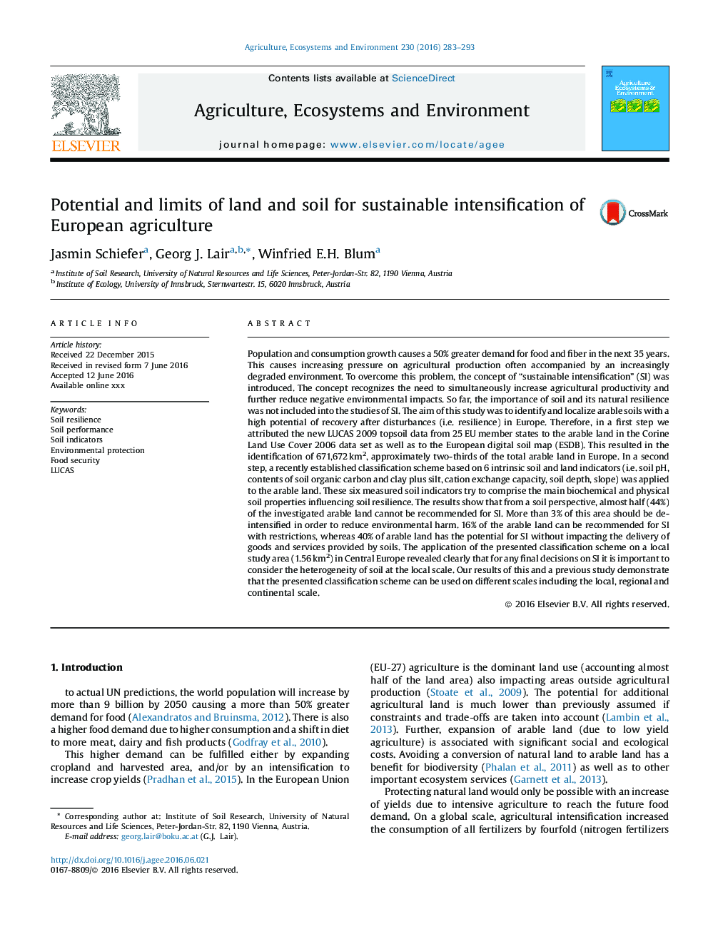 Potential and limits of land and soil for sustainable intensification of European agriculture