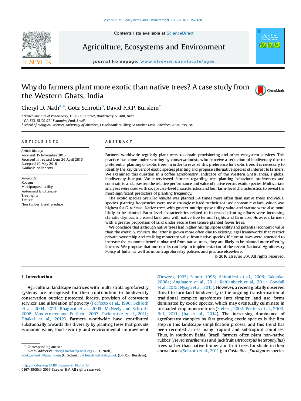 Why do farmers plant more exotic than native trees? A case study from the Western Ghats, India