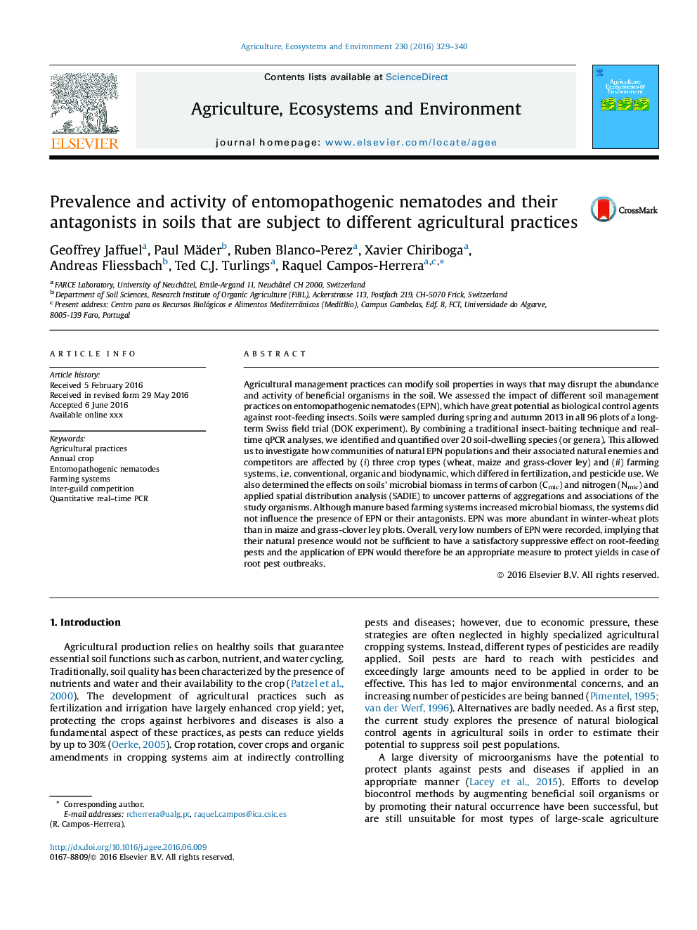 Prevalence and activity of entomopathogenic nematodes and their antagonists in soils that are subject to different agricultural practices