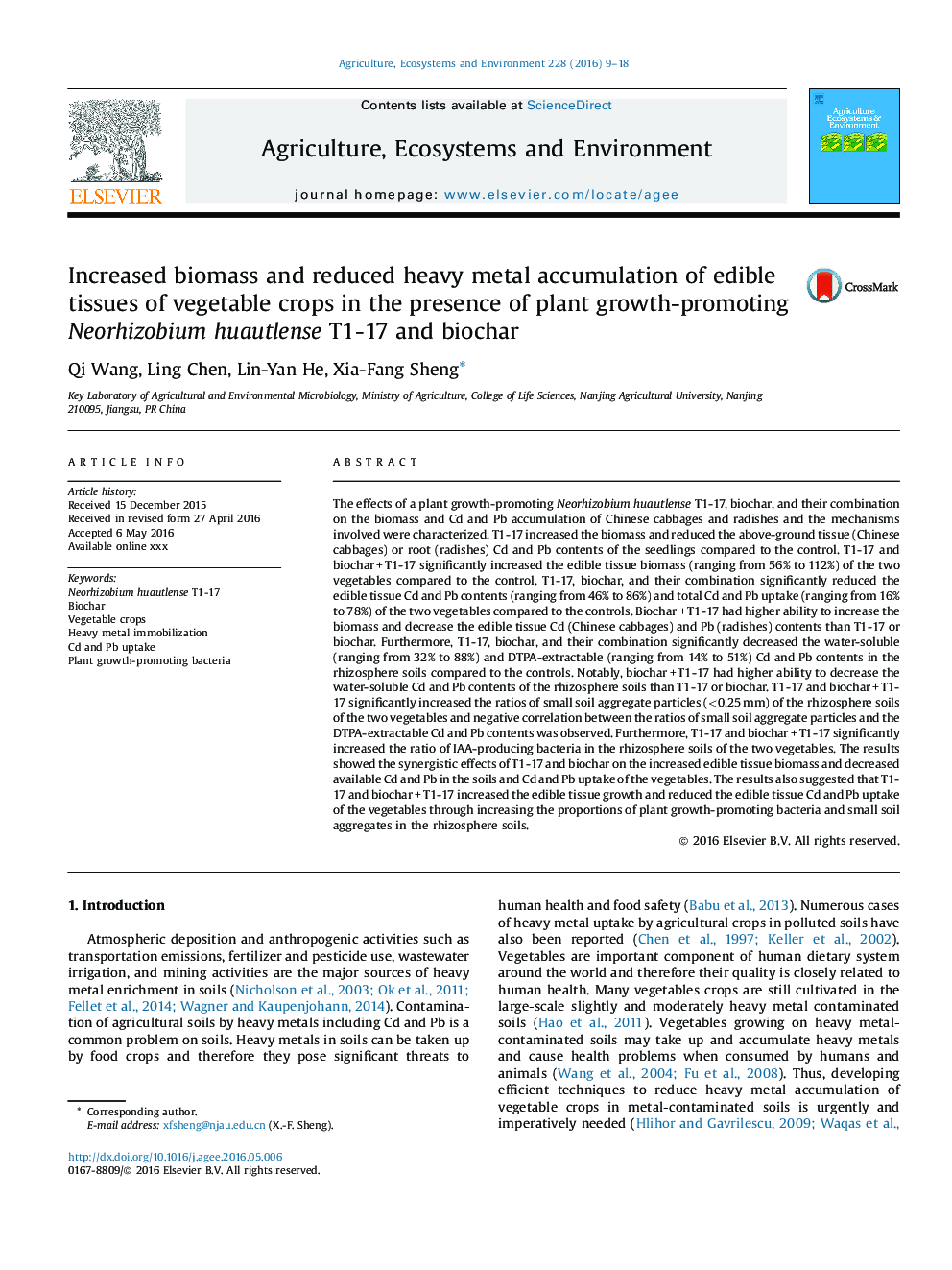 Increased biomass and reduced heavy metal accumulation of edible tissues of vegetable crops in the presence of plant growth-promoting Neorhizobium huautlense T1-17 and biochar