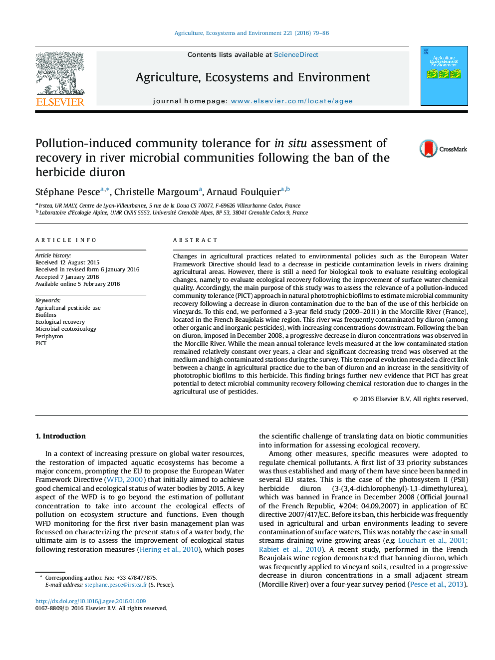 Pollution-induced community tolerance for in situ assessment of recovery in river microbial communities following the ban of the herbicide diuron