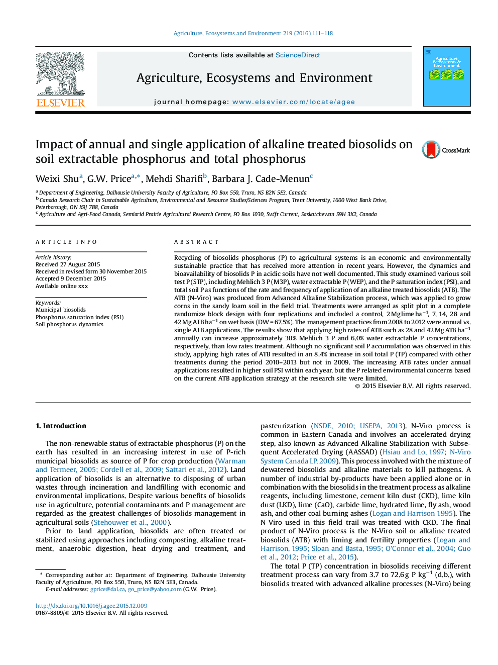 Impact of annual and single application of alkaline treated biosolids on soil extractable phosphorus and total phosphorus