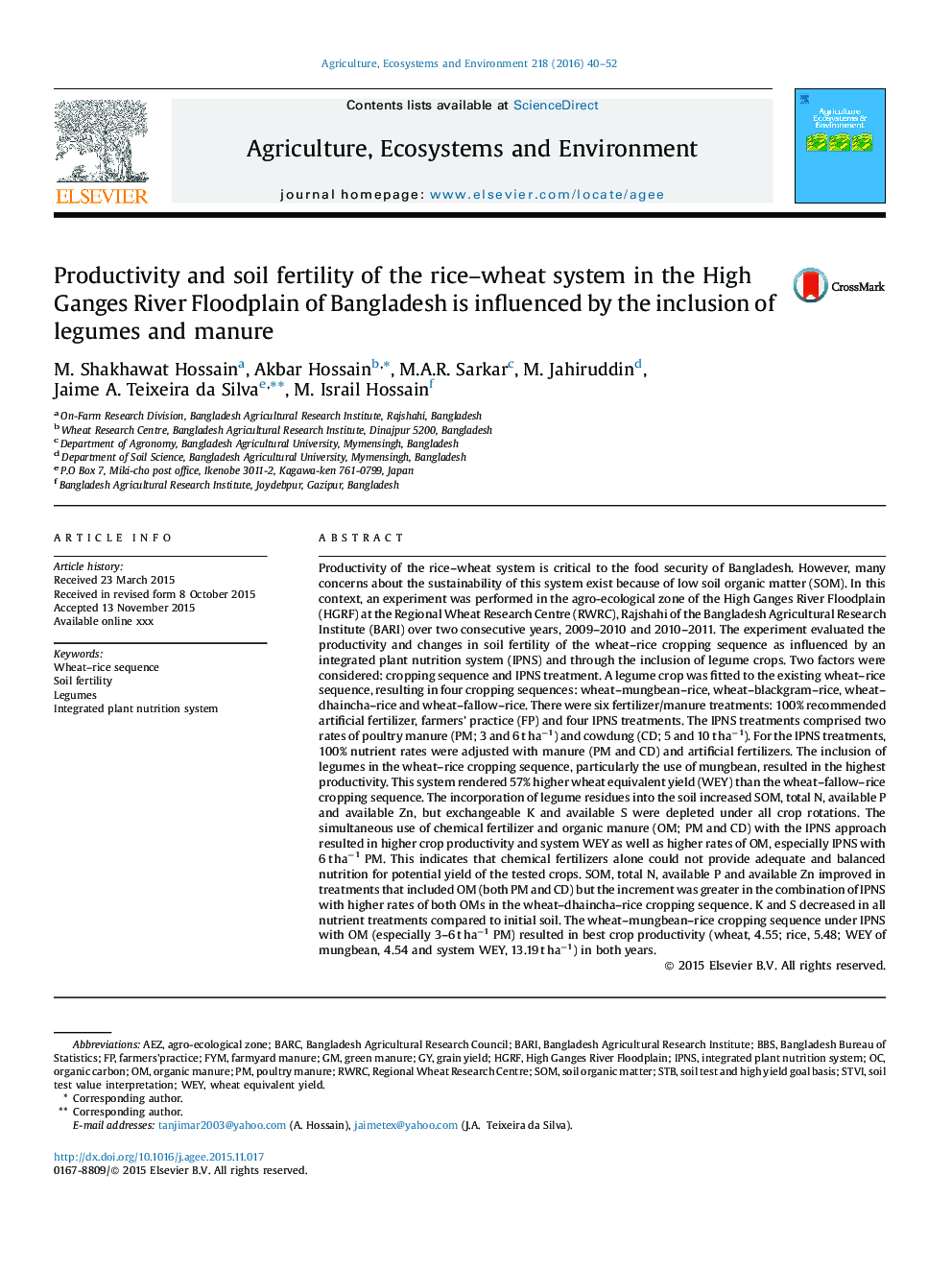 Productivity and soil fertility of the rice-wheat system in the High Ganges River Floodplain of Bangladesh is influenced by the inclusion of legumes and manure