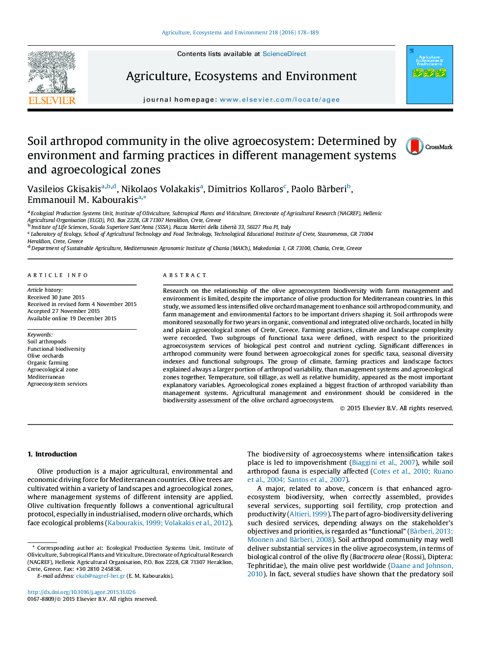 Soil arthropod community in the olive agroecosystem: Determined by environment and farming practices in different management systems and agroecological zones