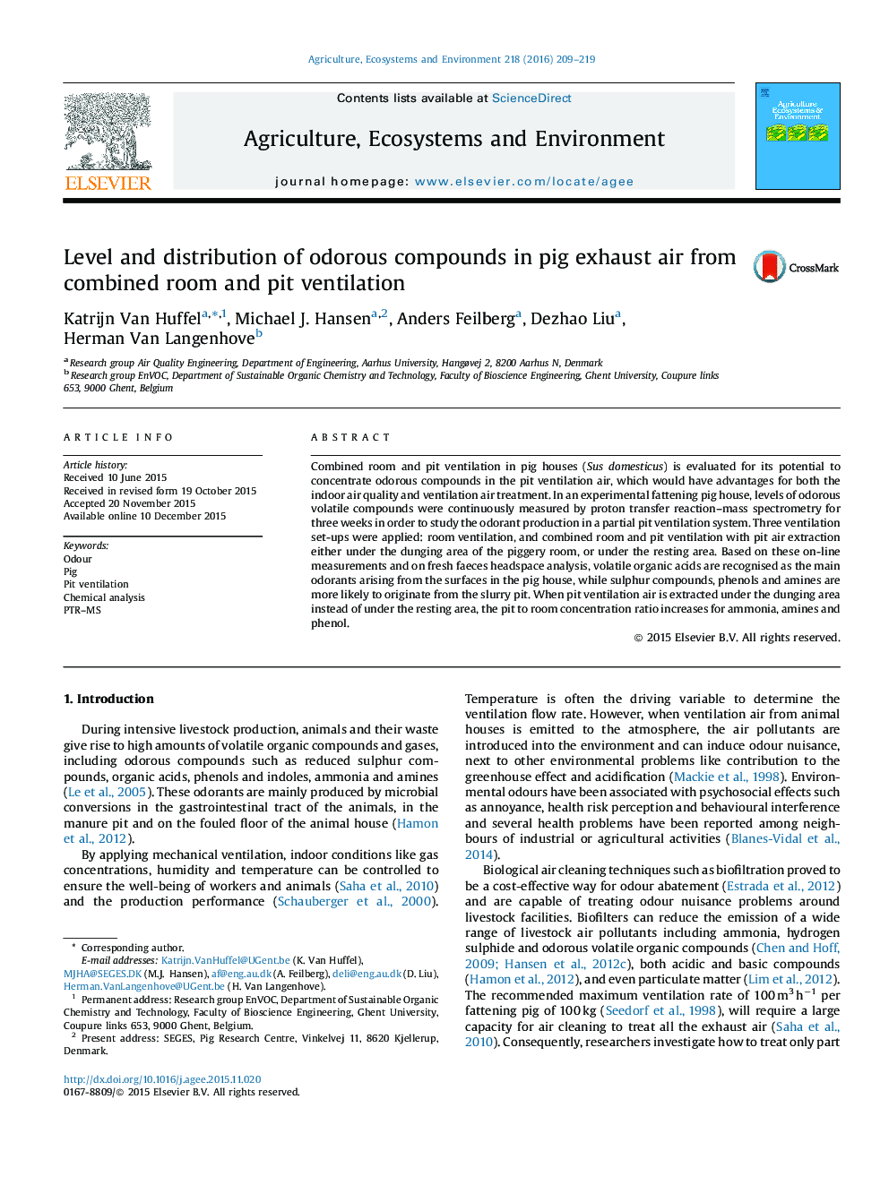 Level and distribution of odorous compounds in pig exhaust air from combined room and pit ventilation