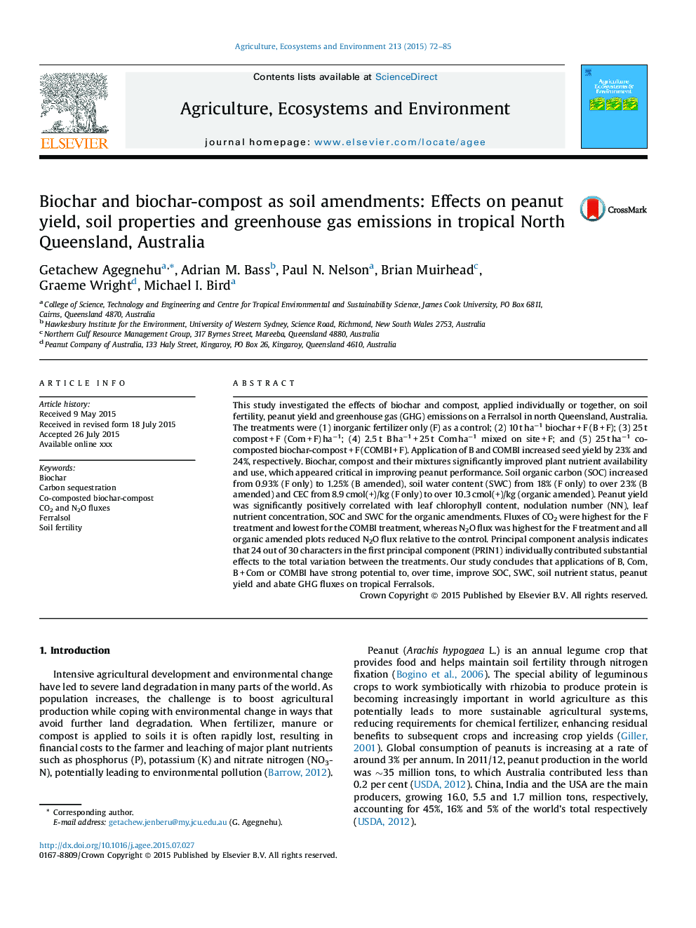 Biochar and biochar-compost as soil amendments: Effects on peanut yield, soil properties and greenhouse gas emissions in tropical North Queensland, Australia