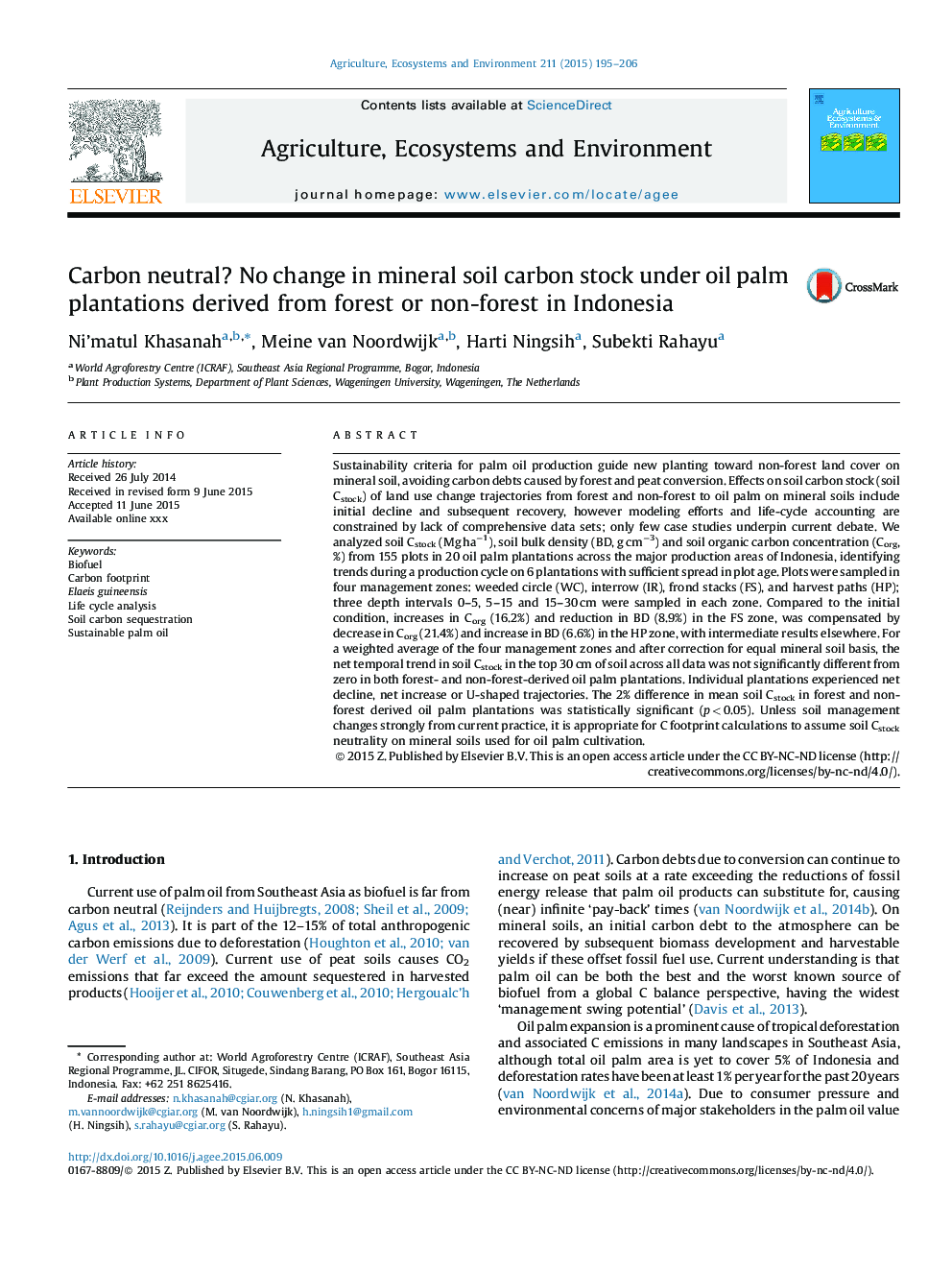 Carbon neutral? No change in mineral soil carbon stock under oil palm plantations derived from forest or non-forest in Indonesia