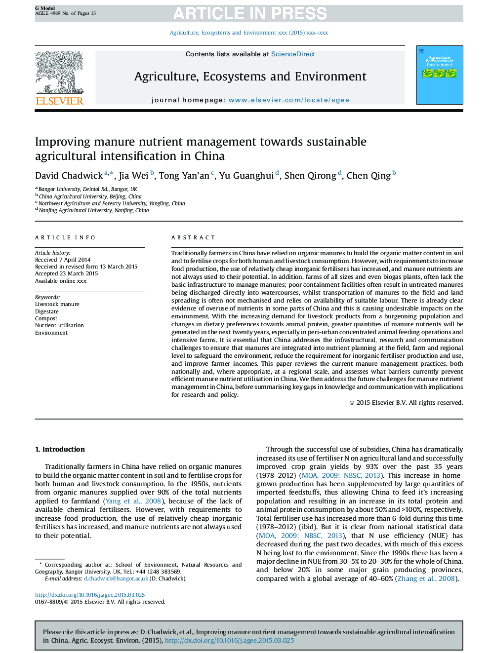 Improving manure nutrient management towards sustainable agricultural intensification in China