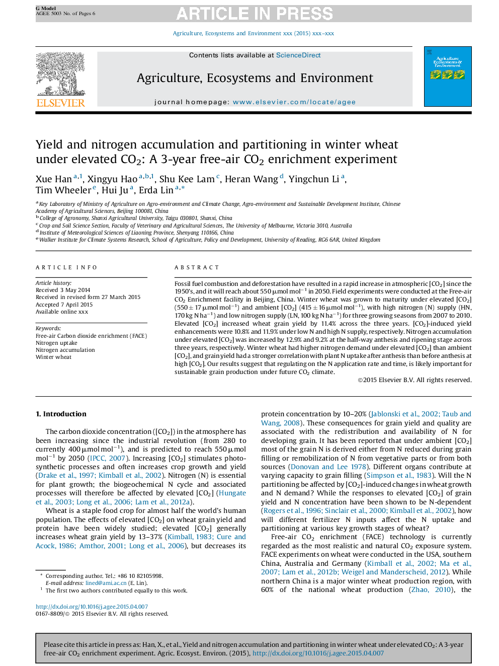 Yield and nitrogen accumulation and partitioning in winter wheat under elevated CO2: A 3-year free-air CO2 enrichment experiment