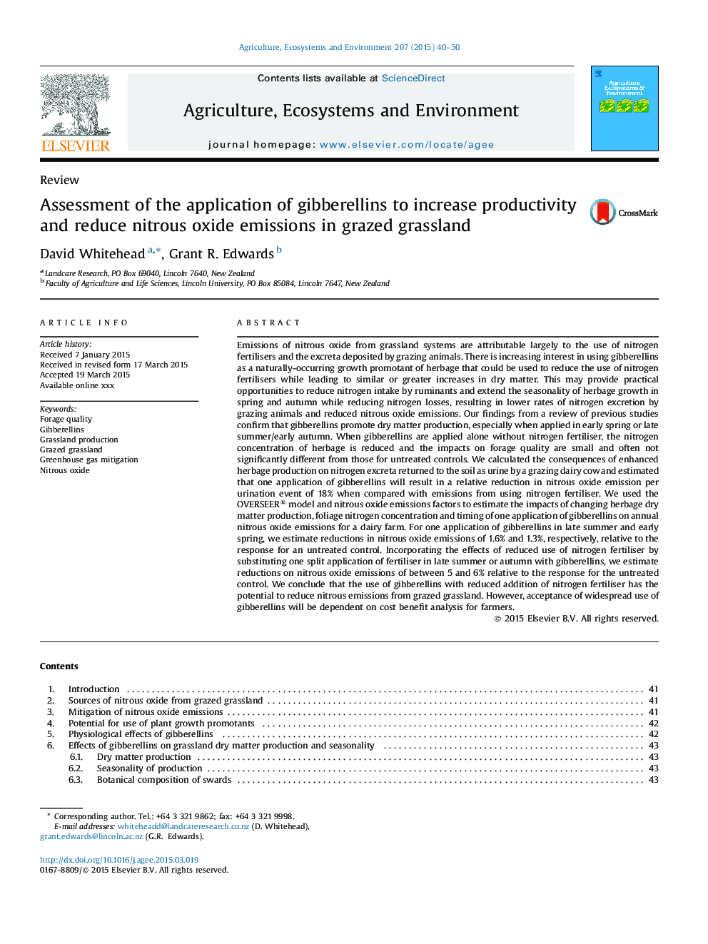 Assessment of the application of gibberellins to increase productivity and reduce nitrous oxide emissions in grazed grassland