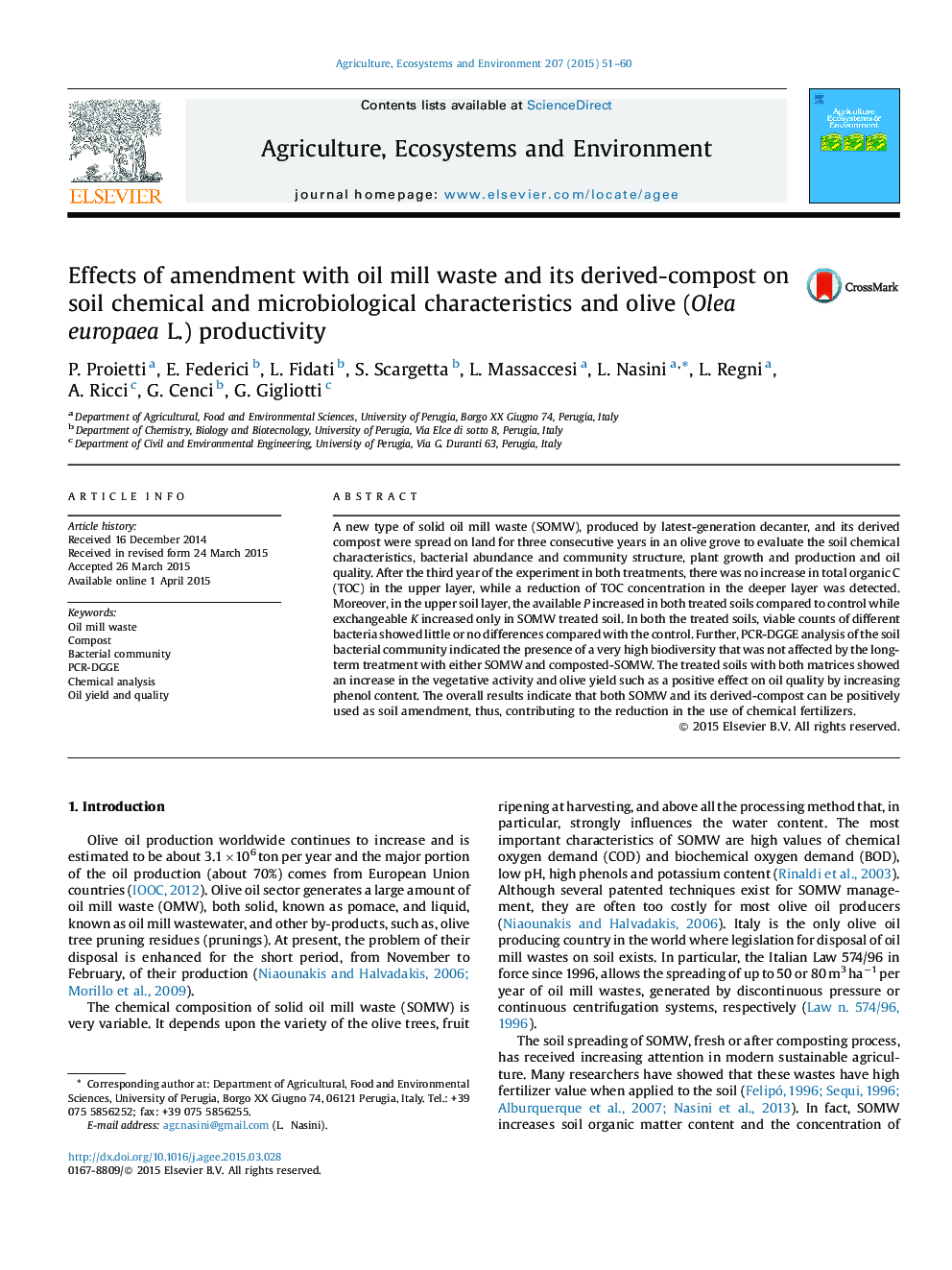 Effects of amendment with oil mill waste and its derived-compost on soil chemical and microbiological characteristics and olive (Olea europaea L.) productivity