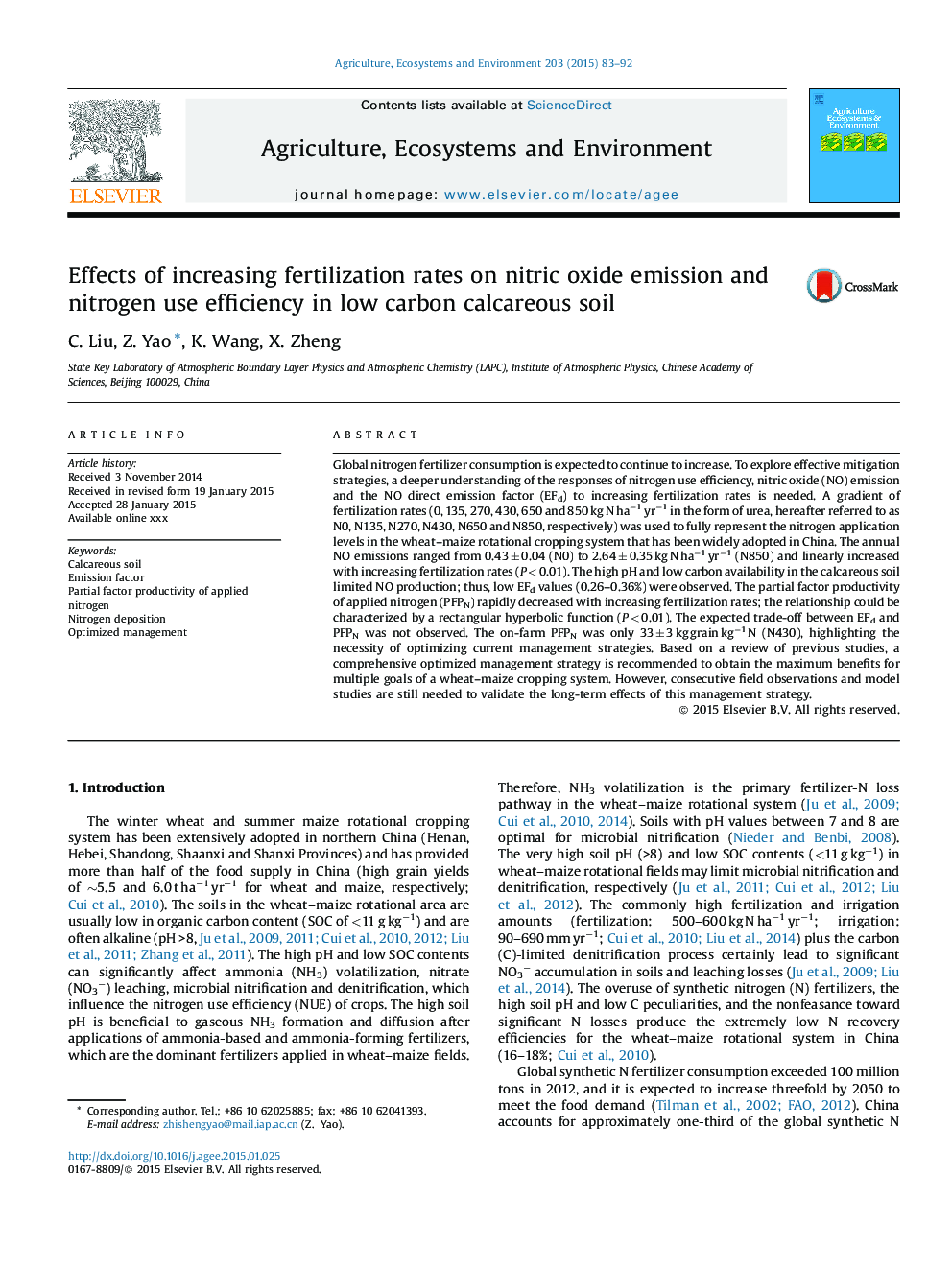 Effects of increasing fertilization rates on nitric oxide emission and nitrogen use efficiency in low carbon calcareous soil