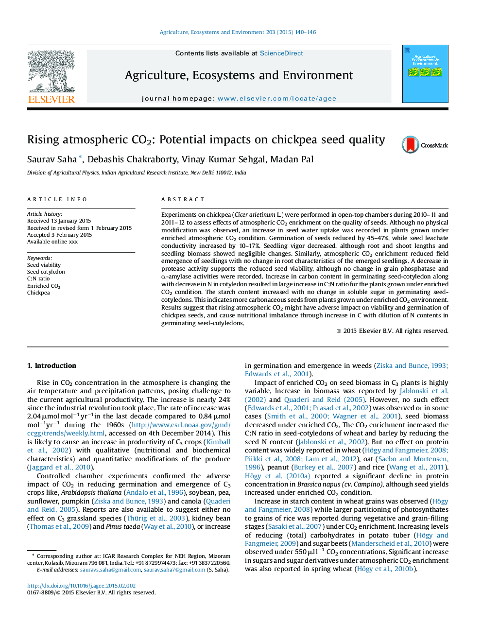 Rising atmospheric CO2: Potential impacts on chickpea seed quality