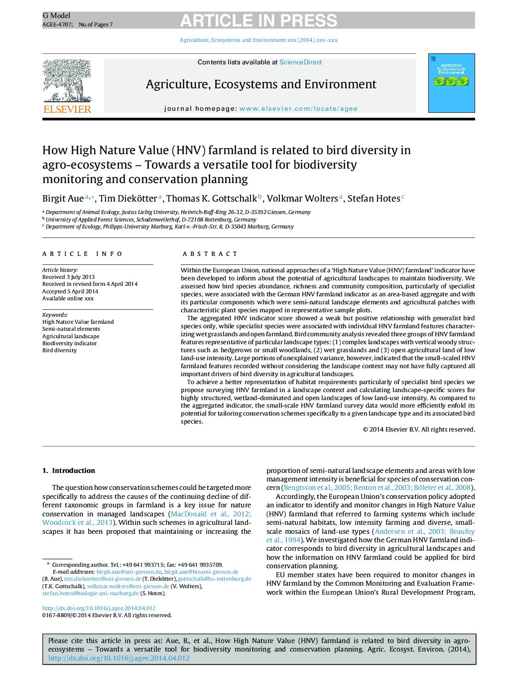 How High Nature Value (HNV) farmland is related to bird diversity in agro-ecosystems - Towards a versatile tool for biodiversity monitoring and conservation planning