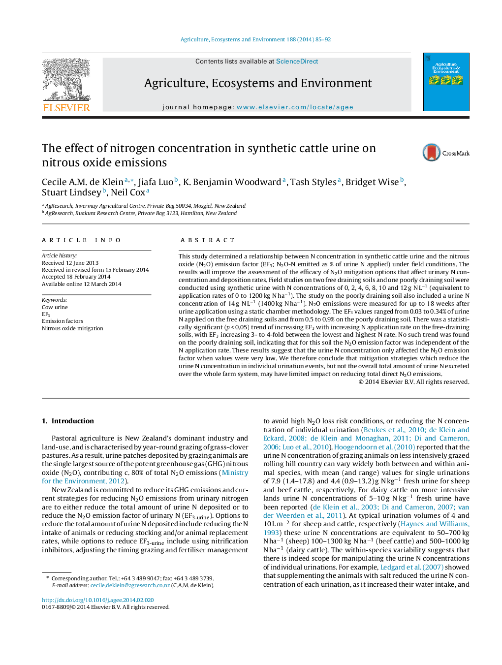 The effect of nitrogen concentration in synthetic cattle urine on nitrous oxide emissions