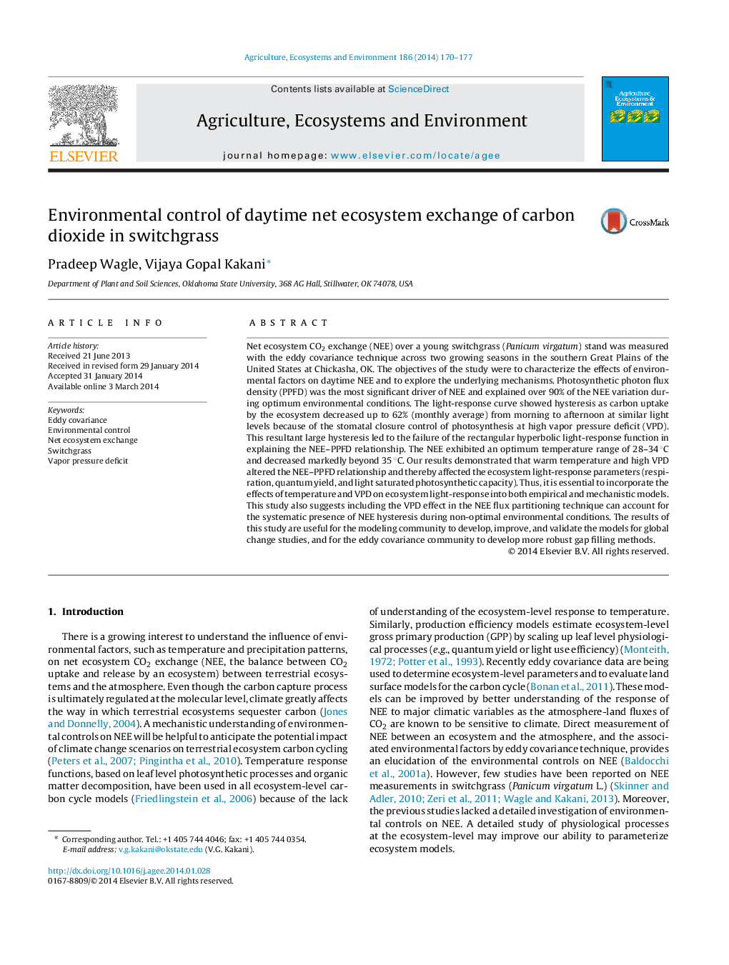 Environmental control of daytime net ecosystem exchange of carbon dioxide in switchgrass