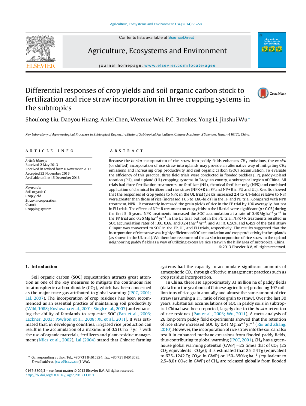 Differential responses of crop yields and soil organic carbon stock to fertilization and rice straw incorporation in three cropping systems in the subtropics