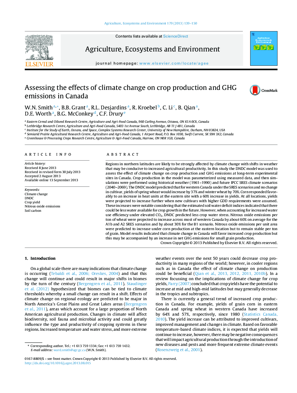 Assessing the effects of climate change on crop production and GHG emissions in Canada