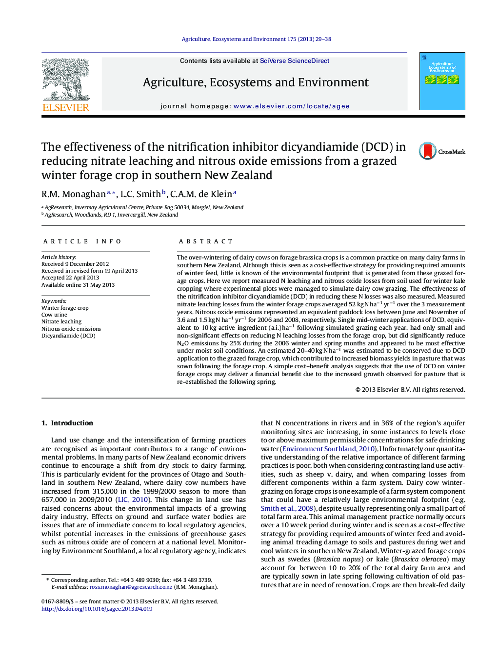 The effectiveness of the nitrification inhibitor dicyandiamide (DCD) in reducing nitrate leaching and nitrous oxide emissions from a grazed winter forage crop in southern New Zealand