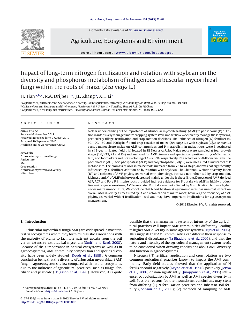 Impact of long-term nitrogen fertilization and rotation with soybean on the diversity and phosphorus metabolism of indigenous arbuscular mycorrhizal fungi within the roots of maize (Zea mays L.)