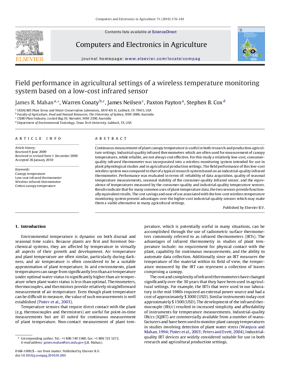 Field performance in agricultural settings of a wireless temperature monitoring system based on a low-cost infrared sensor