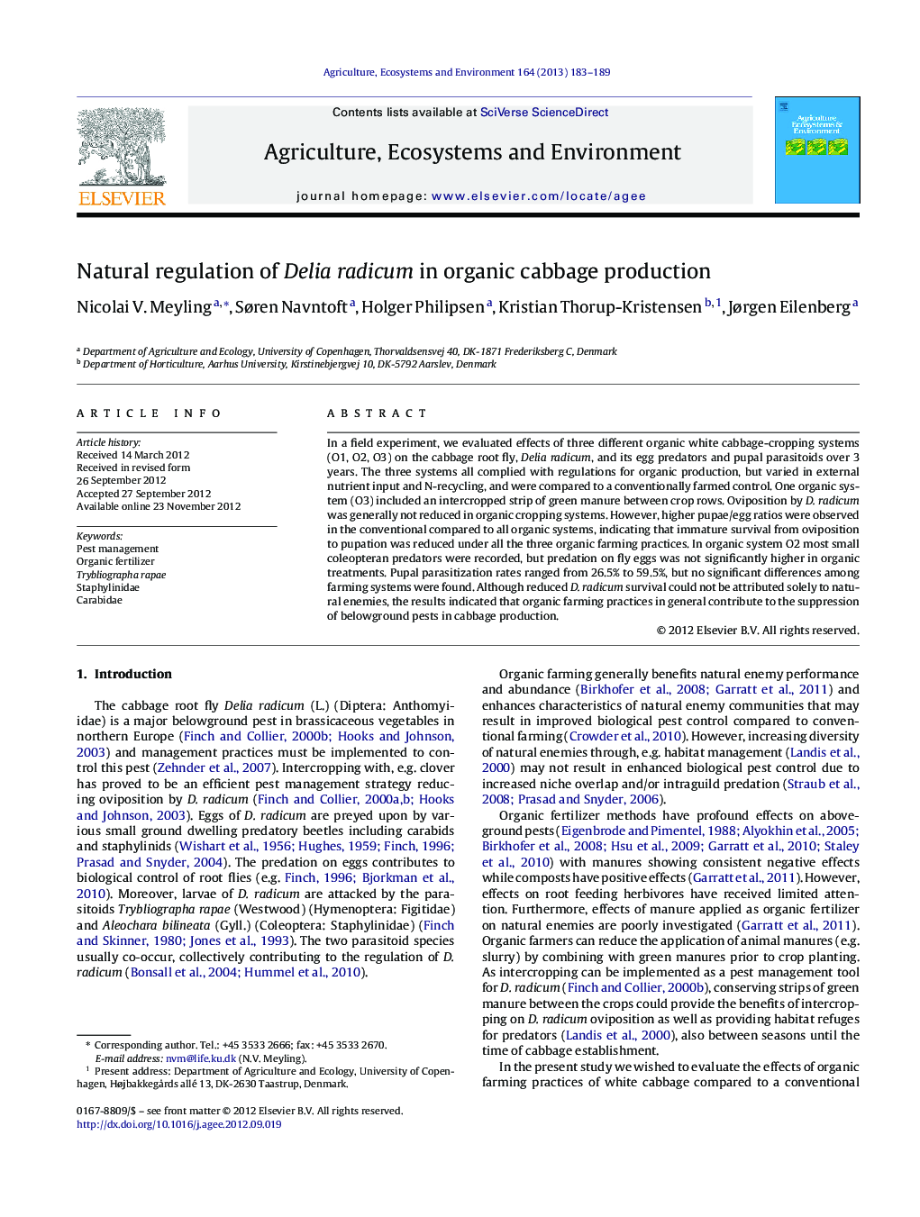 Natural regulation of Delia radicum in organic cabbage production