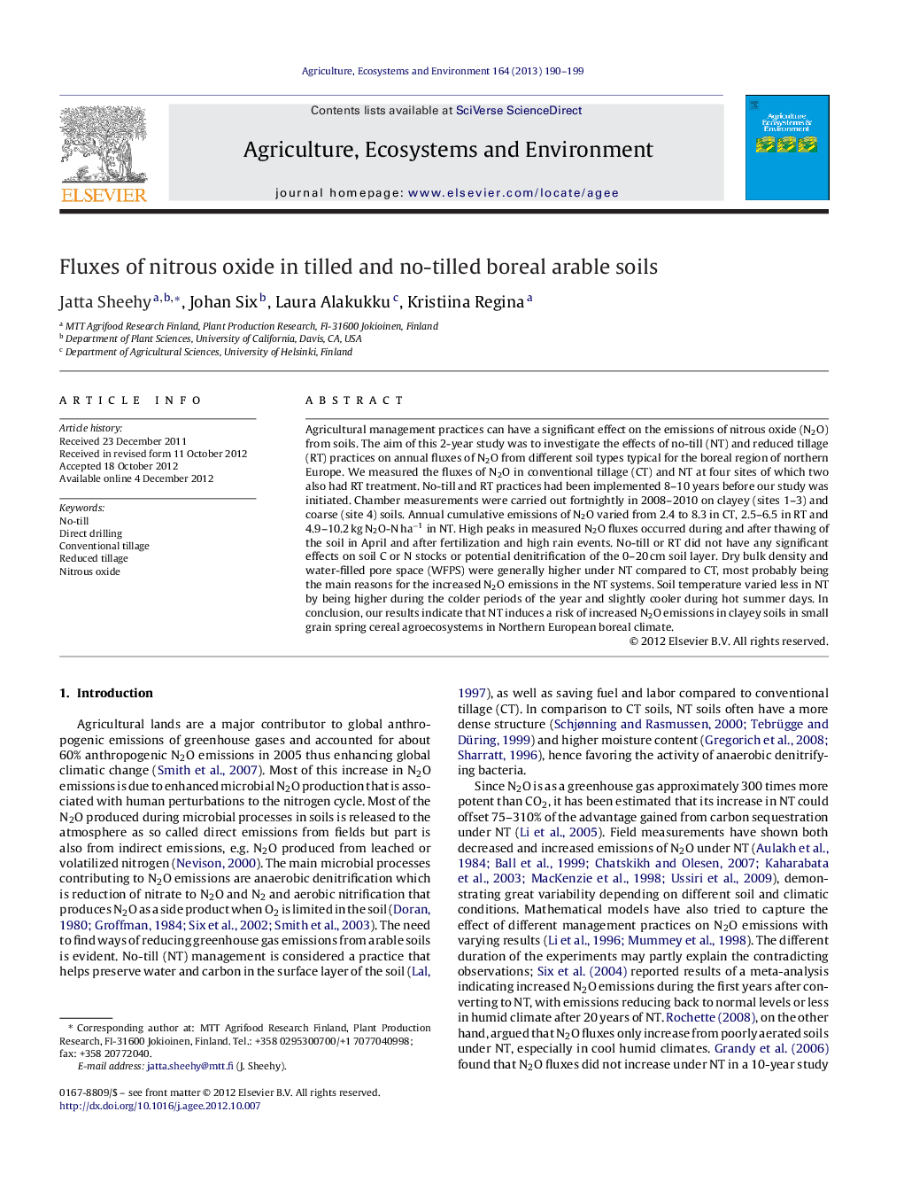 Fluxes of nitrous oxide in tilled and no-tilled boreal arable soils