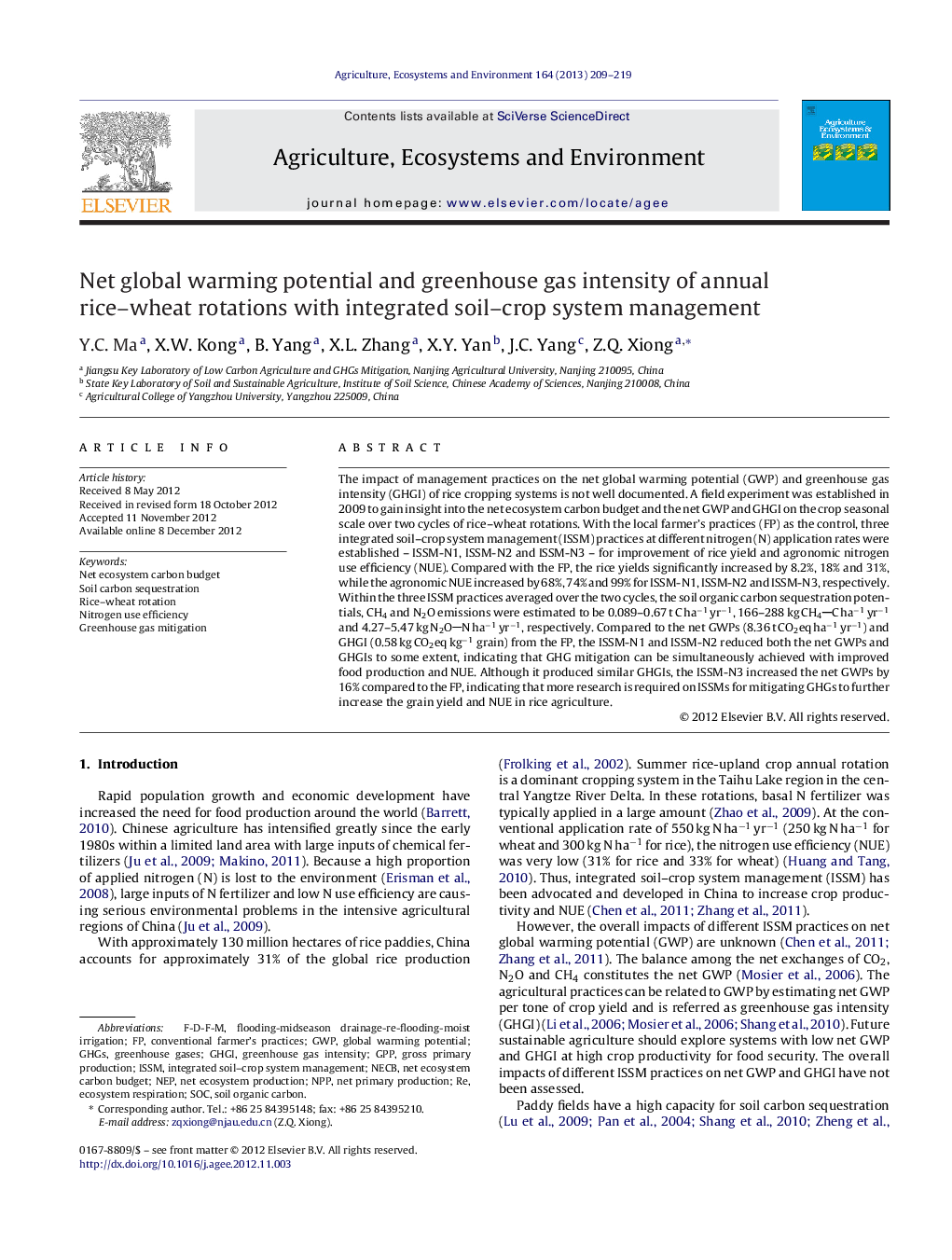 Net global warming potential and greenhouse gas intensity of annual rice-wheat rotations with integrated soil-crop system management