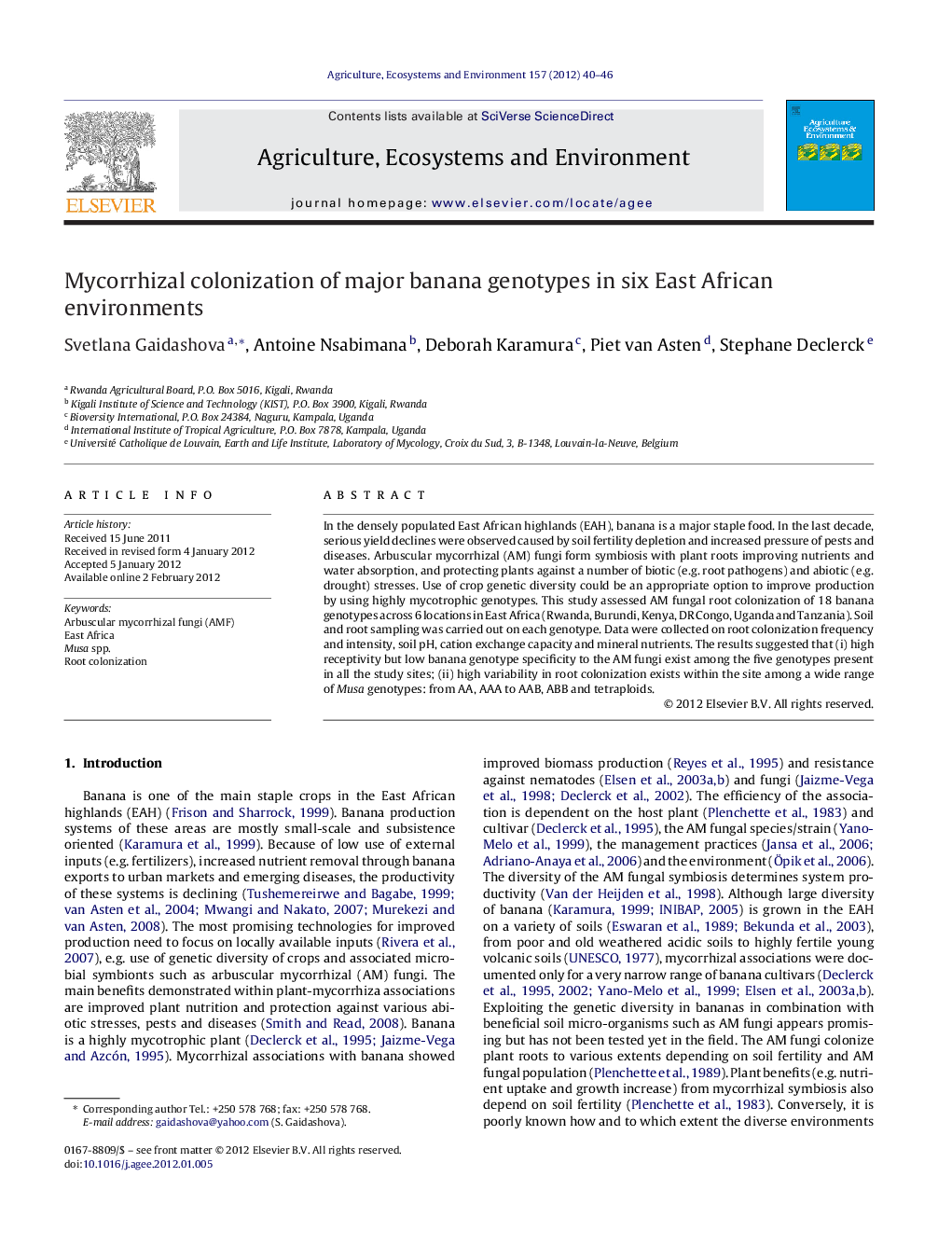 Mycorrhizal colonization of major banana genotypes in six East African environments