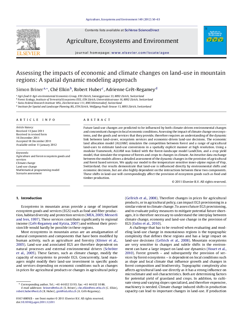 Assessing the impacts of economic and climate changes on land-use in mountain regions: A spatial dynamic modeling approach