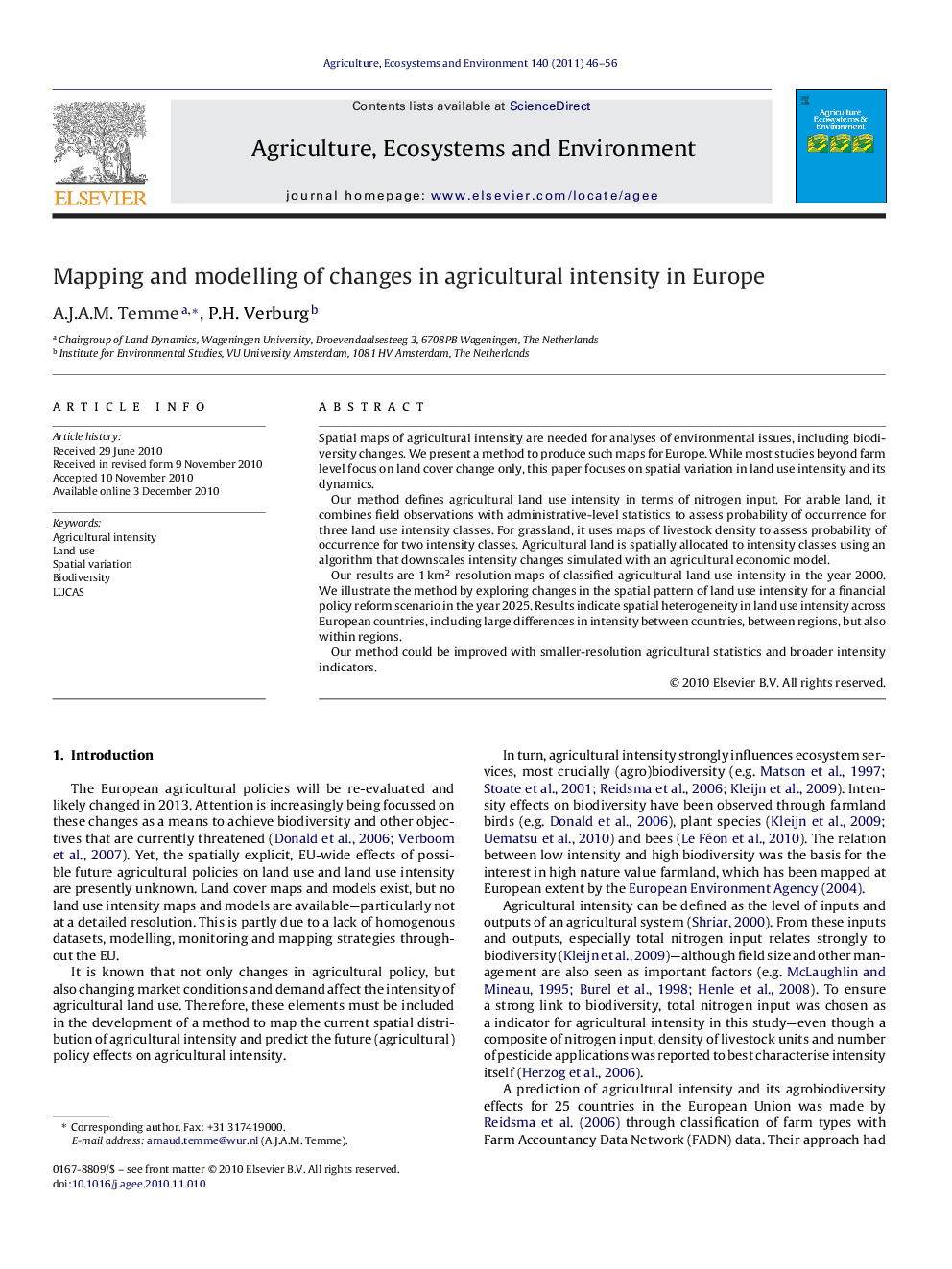 Mapping and modelling of changes in agricultural intensity in Europe